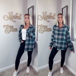 H&M blue and green season chic long sleeve plaid button down size 14